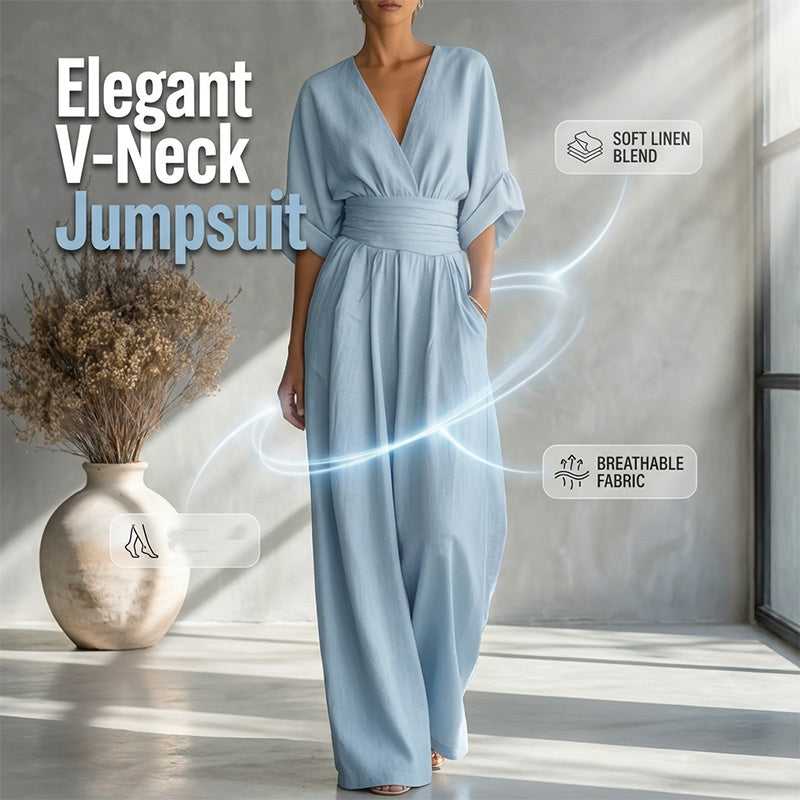 👗✨Effortless Elegance – Women's V-Neck High Waist Wide Leg Jumpsuit💫