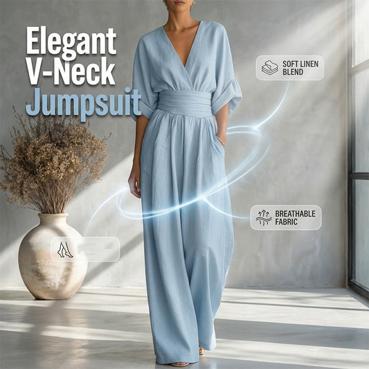👗✨Effortless Elegance – Women's V-Neck High Waist Wide Leg Jumpsuit💫