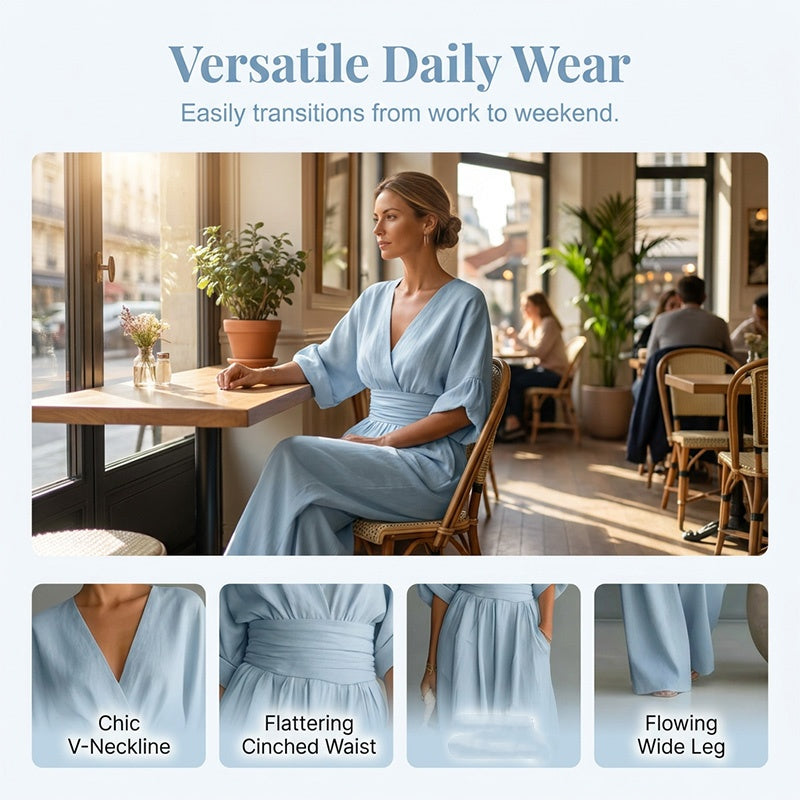 👗✨Effortless Elegance – Women's V-Neck High Waist Wide Leg Jumpsuit💫