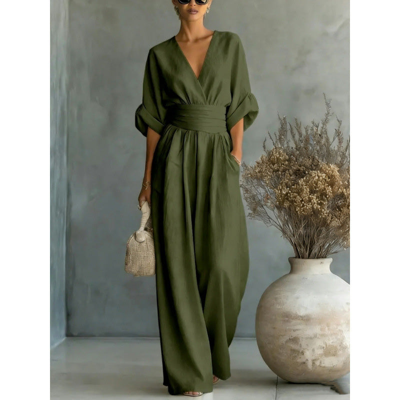 👗✨Effortless Elegance – Women's V-Neck High Waist Wide Leg Jumpsuit💫