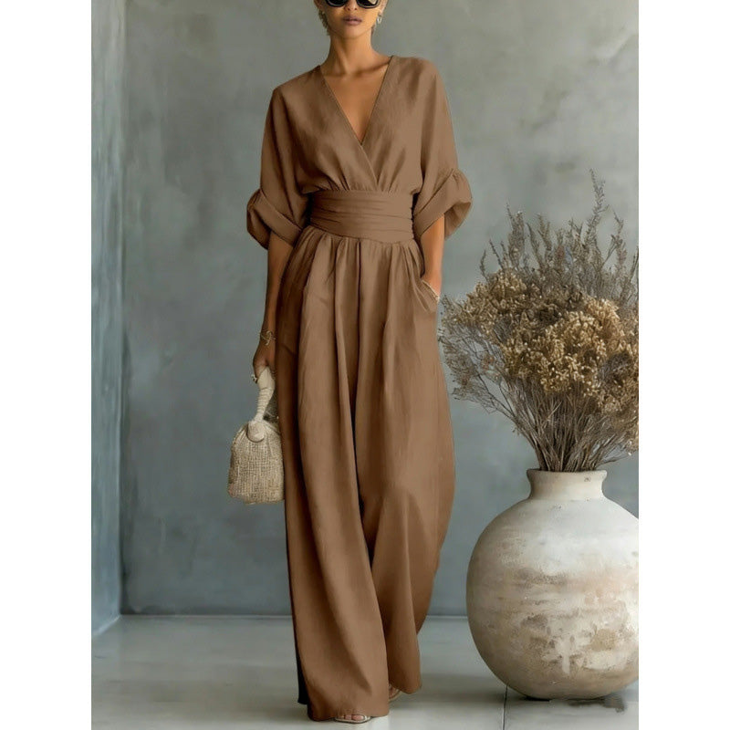 👗✨Effortless Elegance – Women's V-Neck High Waist Wide Leg Jumpsuit💫