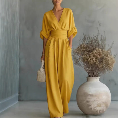 👗✨Effortless Elegance – Women's V-Neck High Waist Wide Leg Jumpsuit💫