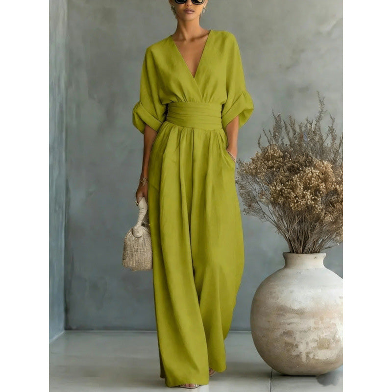 👗✨Effortless Elegance – Women's V-Neck High Waist Wide Leg Jumpsuit💫