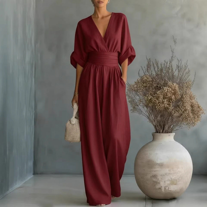 👗✨Effortless Elegance – Women's V-Neck High Waist Wide Leg Jumpsuit💫