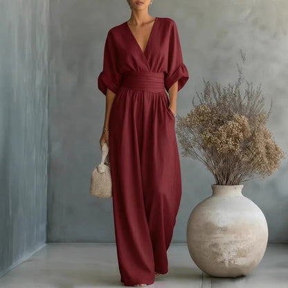 👗✨Effortless Elegance – Women's V-Neck High Waist Wide Leg Jumpsuit💫