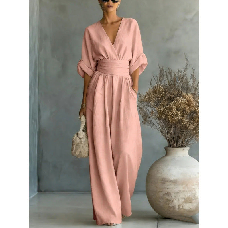 👗✨Effortless Elegance – Women's V-Neck High Waist Wide Leg Jumpsuit💫