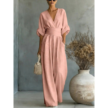👗✨Effortless Elegance – Women's V-Neck High Waist Wide Leg Jumpsuit💫