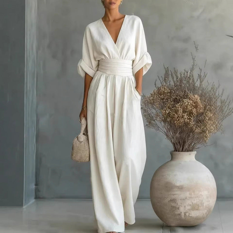 👗✨Effortless Elegance – Women's V-Neck High Waist Wide Leg Jumpsuit💫
