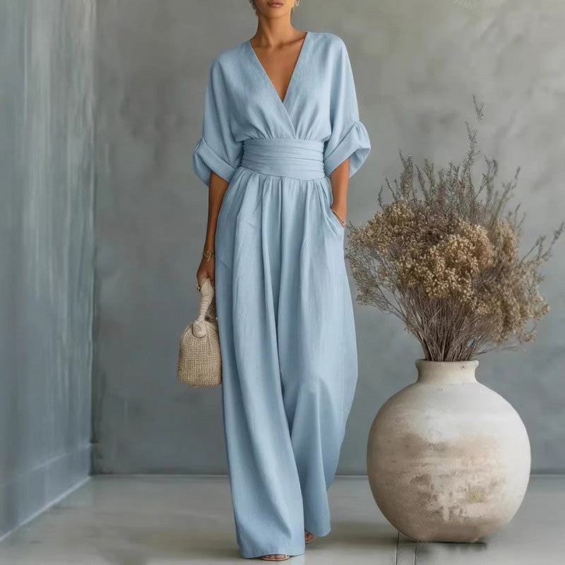 👗✨Effortless Elegance – Women's V-Neck High Waist Wide Leg Jumpsuit💫