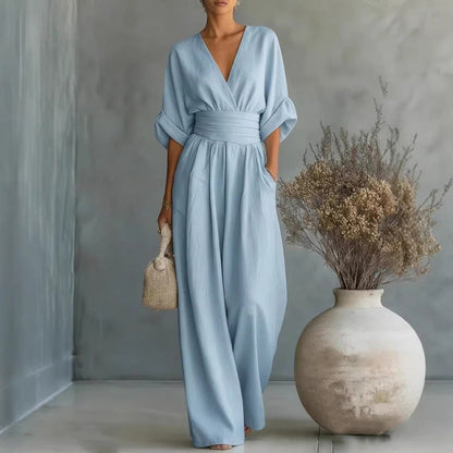 👗✨Effortless Elegance – Women's V-Neck High Waist Wide Leg Jumpsuit💫
