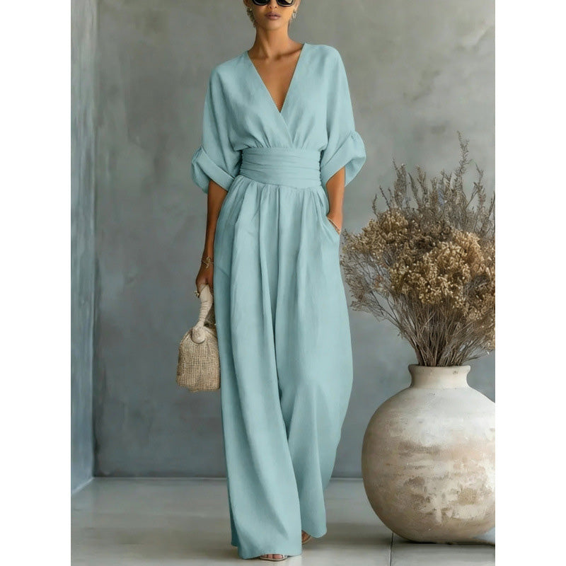 👗✨Effortless Elegance – Women's V-Neck High Waist Wide Leg Jumpsuit💫