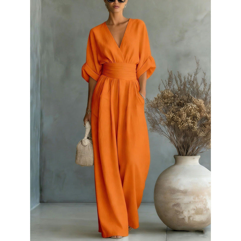 👗✨Effortless Elegance – Women's V-Neck High Waist Wide Leg Jumpsuit💫