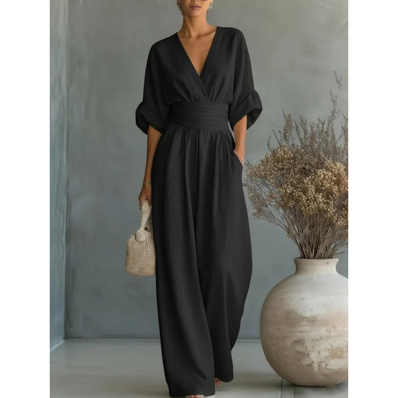 👗✨Effortless Elegance – Women's V-Neck High Waist Wide Leg Jumpsuit💫