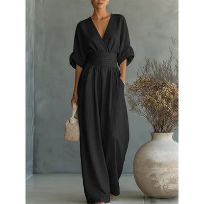 👗✨Effortless Elegance – Women's V-Neck High Waist Wide Leg Jumpsuit💫