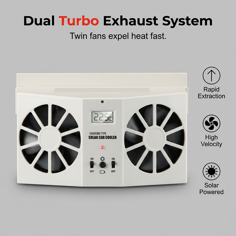 🚗Solar Powered Car Exhaust Fan– Dual Turbo Ventilation & Temperature Display☀️