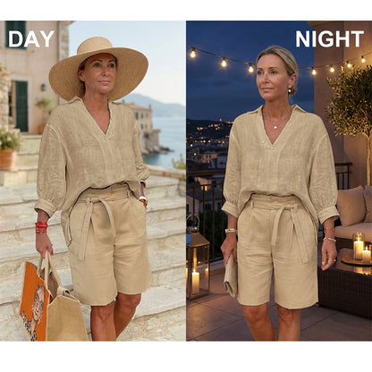 👗Women’s Casual V Neck Top and Shorts Set - Effortless Style & All-Day Comfort 💛✨