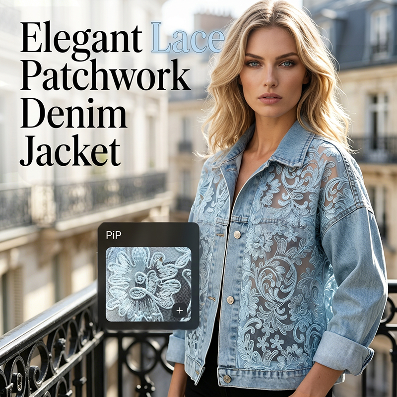 ⌛Zeitlich begrenztes Angebot – Damen lockere Jeansjacke mit Blumen-Spitzen-Patchwork