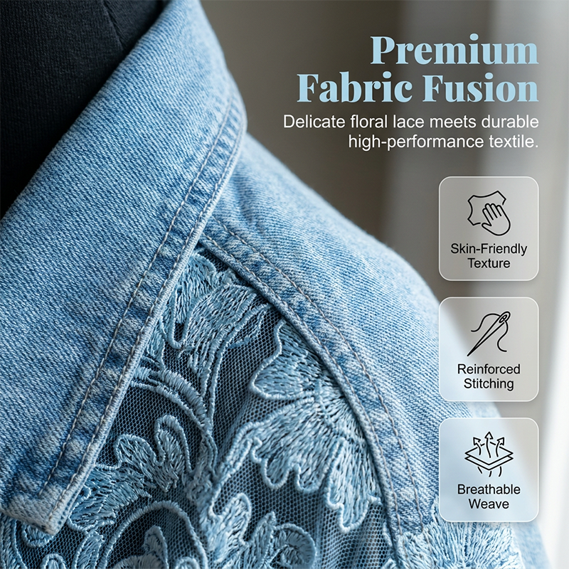 ⌛Zeitlich begrenztes Angebot – Damen lockere Jeansjacke mit Blumen-Spitzen-Patchwork