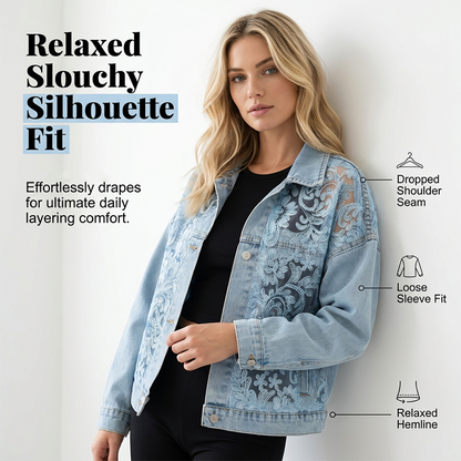 ⌛Zeitlich begrenztes Angebot – Damen lockere Jeansjacke mit Blumen-Spitzen-Patchwork