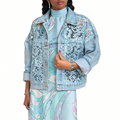 ⌛Zeitlich begrenztes Angebot – Damen lockere Jeansjacke mit Blumen-Spitzen-Patchwork