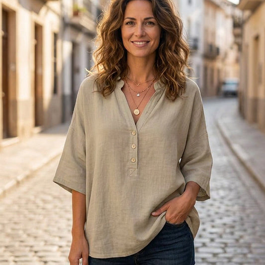 👚✨Women's Half Sleeve Button-Up V-Neck Shirts – Effortless Everyday Chic💫