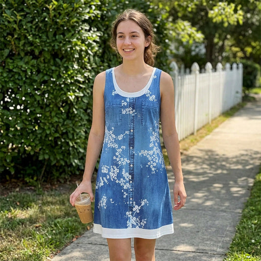 👗☀️Women's Faux Two-Piece Denim Print Dress - Throw It On And Look Instantly Put Together✨