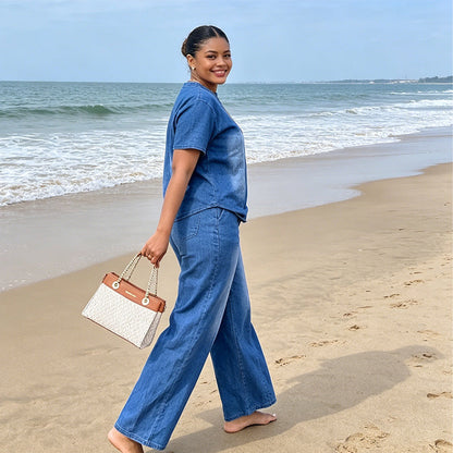 💙Damen Freizeit-Jeans-Set mit Oberteil und Hose – Müheloser Alltags-Sommer-Style☀️