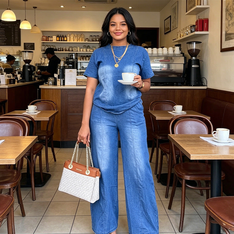 💙Damen Freizeit-Jeans-Set mit Oberteil und Hose – Müheloser Alltags-Sommer-Style☀️