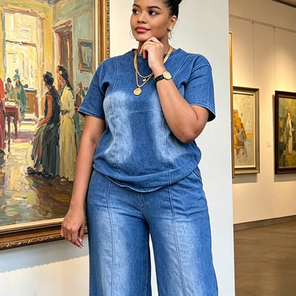 💙Damen Freizeit-Jeans-Set mit Oberteil und Hose – Müheloser Alltags-Sommer-Style☀️