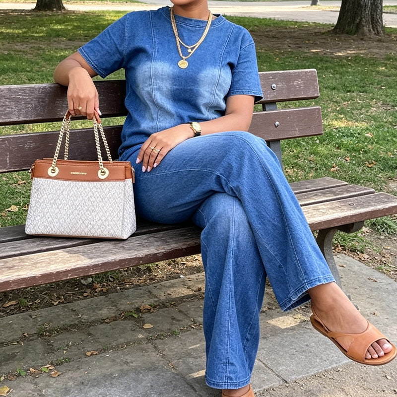 💙Damen Freizeit-Jeans-Set mit Oberteil und Hose – Müheloser Alltags-Sommer-Style☀️