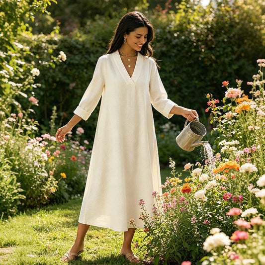 👗☀️Women’s V-Neck Cotton Linen A Line Dress – Effortless Everyday Elegance✨