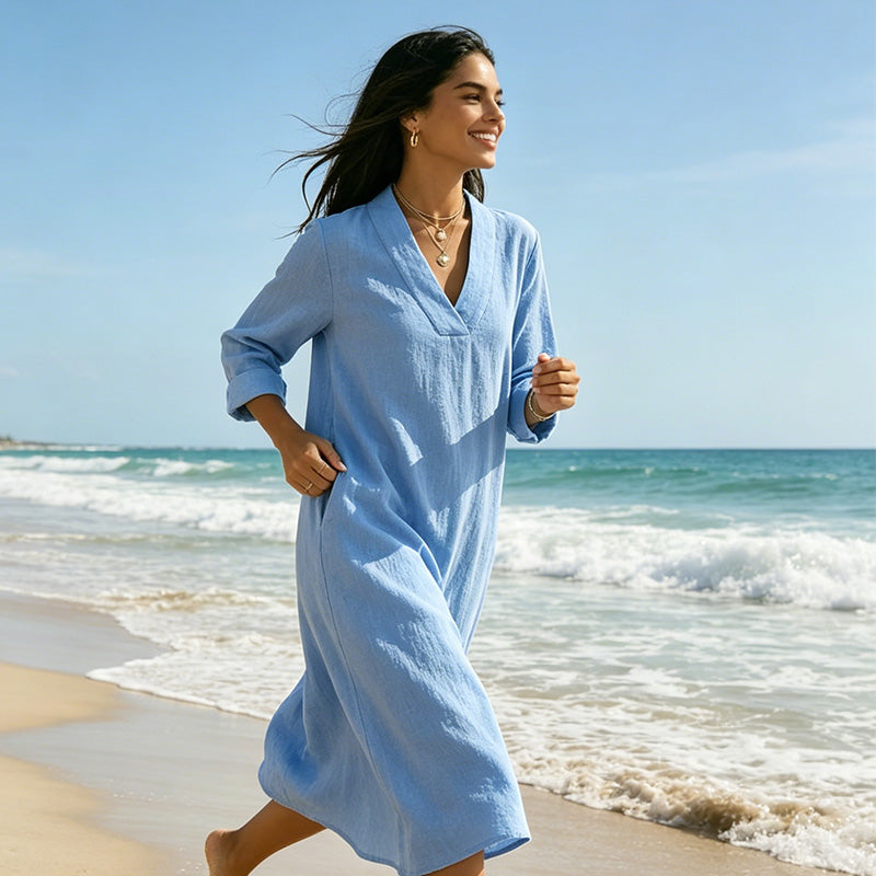👗☀️Women’s V-Neck Cotton Linen A Line Dress – Effortless Everyday Elegance✨