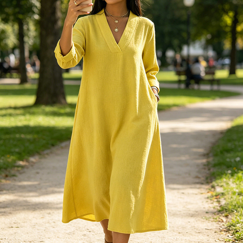 👗☀️Women’s V-Neck Cotton Linen A Line Dress – Effortless Everyday Elegance✨