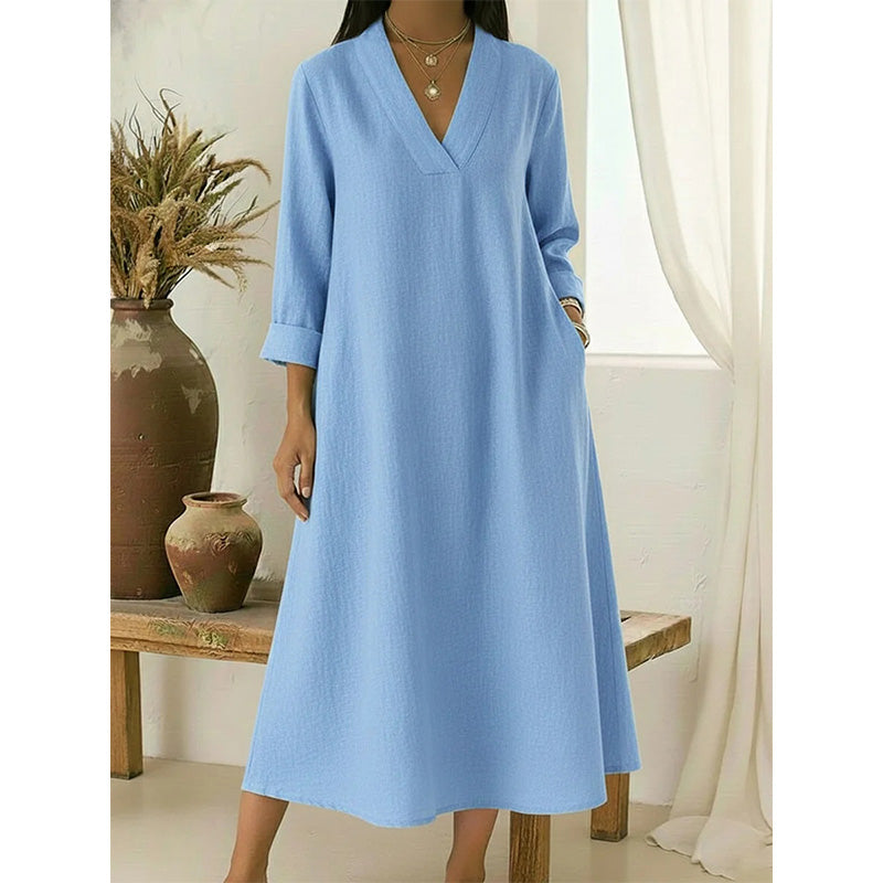 👗☀️Women’s V-Neck Cotton Linen A Line Dress – Effortless Everyday Elegance✨