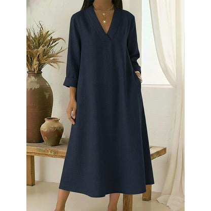 👗☀️Women’s V-Neck Cotton Linen A Line Dress – Effortless Everyday Elegance✨