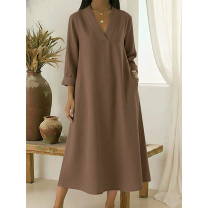 👗☀️Women’s V-Neck Cotton Linen A Line Dress – Effortless Everyday Elegance✨
