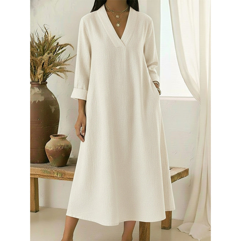 👗☀️Women’s V-Neck Cotton Linen A Line Dress – Effortless Everyday Elegance✨