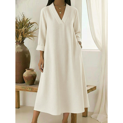 👗☀️Women’s V-Neck Cotton Linen A Line Dress – Effortless Everyday Elegance✨