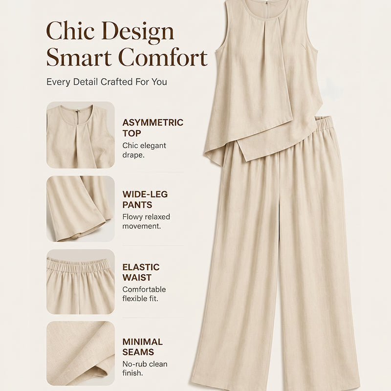 👗✨Damen-Set mit asymmetrischem Top und weit geschnittener Hose – müheloser Chic im Wide-Leg-Style🔥