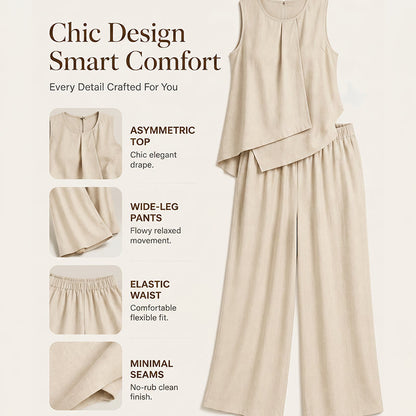 👗✨Damen-Set mit asymmetrischem Top und weit geschnittener Hose – müheloser Chic im Wide-Leg-Style🔥