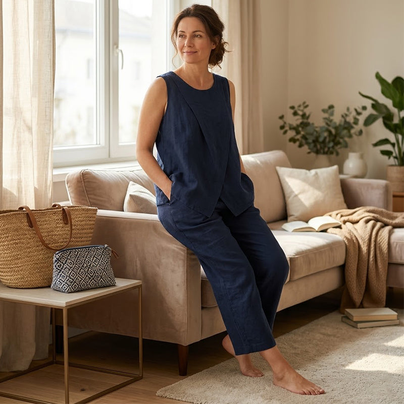 👗✨Damen-Set mit asymmetrischem Top und weit geschnittener Hose – müheloser Chic im Wide-Leg-Style🔥