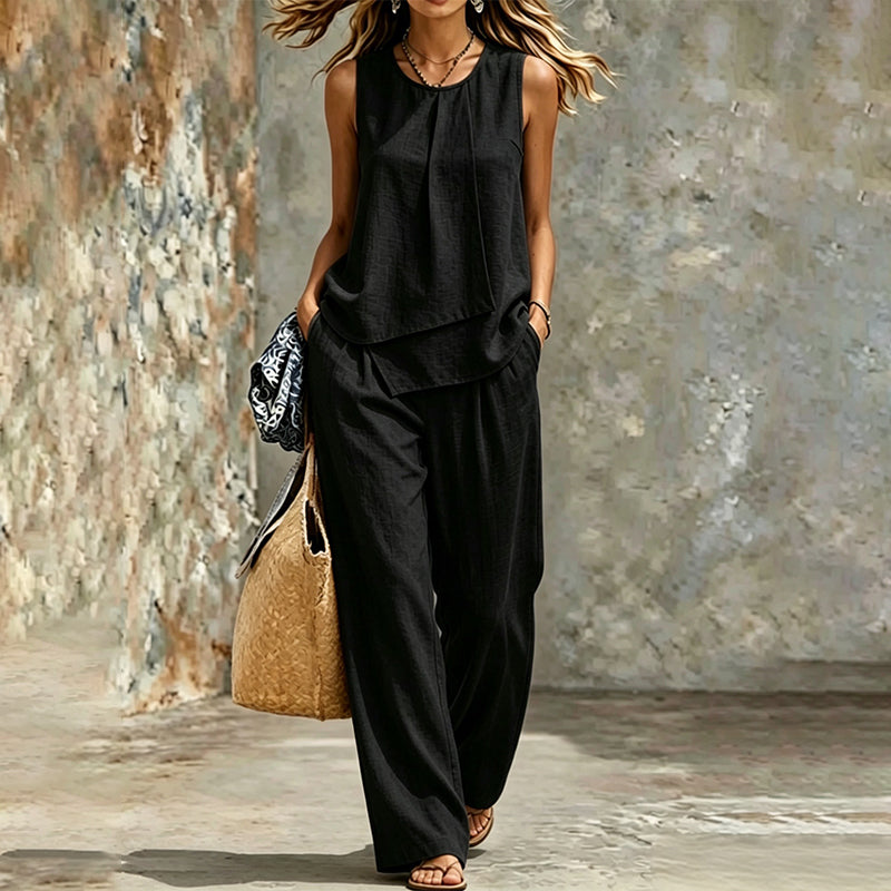 👗✨Damen-Set mit asymmetrischem Top und weit geschnittener Hose – müheloser Chic im Wide-Leg-Style🔥