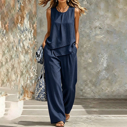 👗✨Damen-Set mit asymmetrischem Top und weit geschnittener Hose – müheloser Chic im Wide-Leg-Style🔥