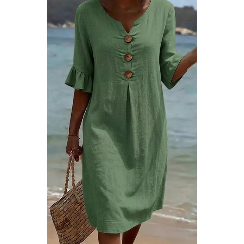 👗☀️Damen Midi-Kleid mit Rüschenärmeln in Unifarben – Alltagstauglicher Sommerkomfort ✨