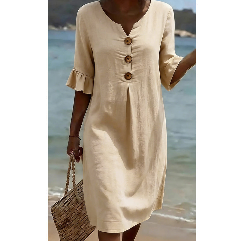 👗☀️Damen Midi-Kleid mit Rüschenärmeln in Unifarben – Alltagstauglicher Sommerkomfort ✨