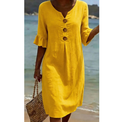 👗☀️Damen Midi-Kleid mit Rüschenärmeln in Unifarben – Alltagstauglicher Sommerkomfort ✨