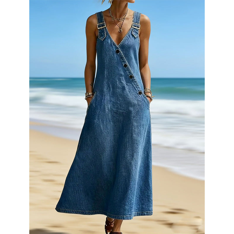 👗✨Stylisches asymmetrisches Jeanskleid für Damen mit Knöpfen – Mühelos schick für jeden Tag🔥