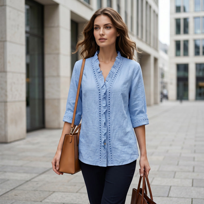 👚✨Damen-Bluse mit V-Ausschnitt und Rüschen – Mühelos Femininer Alltagsstil🌸