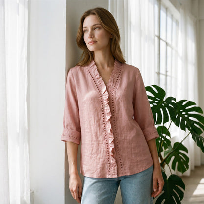 👚✨Damen-Bluse mit V-Ausschnitt und Rüschen – Mühelos Femininer Alltagsstil🌸