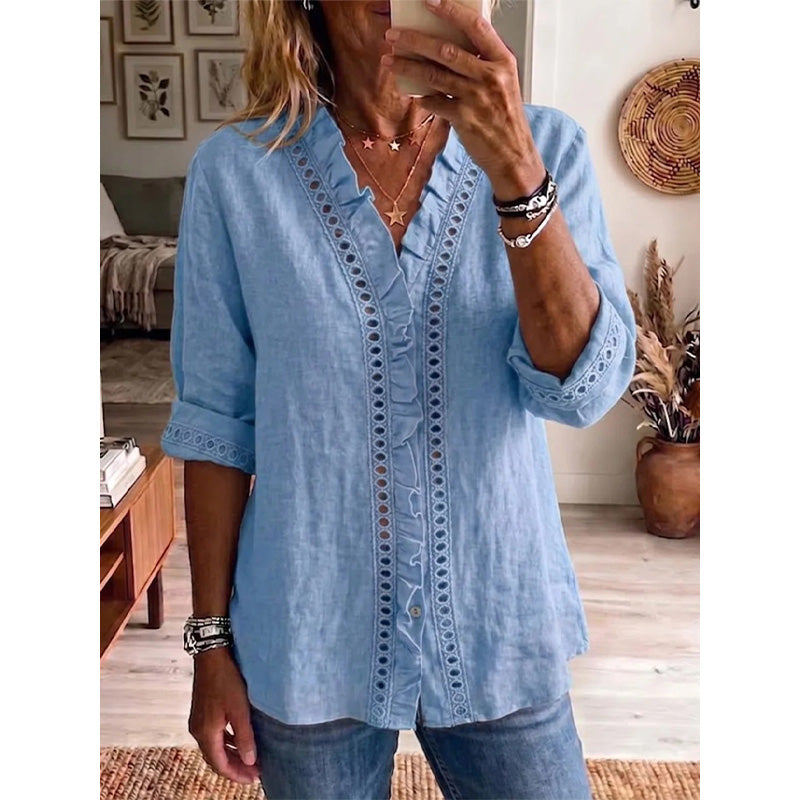 👚✨Damen-Bluse mit V-Ausschnitt und Rüschen – Mühelos Femininer Alltagsstil🌸